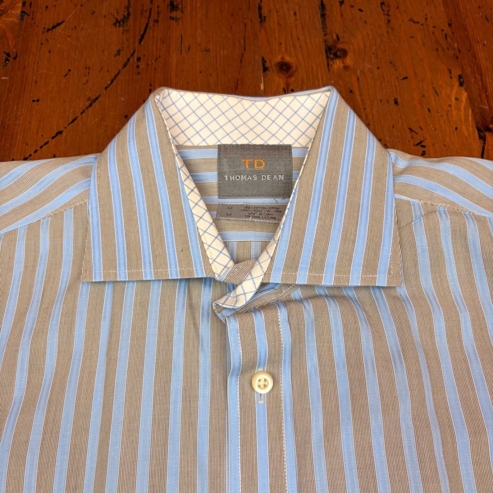 Thomas Dean Mens Blue Tan Striped Long Sleeve Cotton Dress Shirt Size M